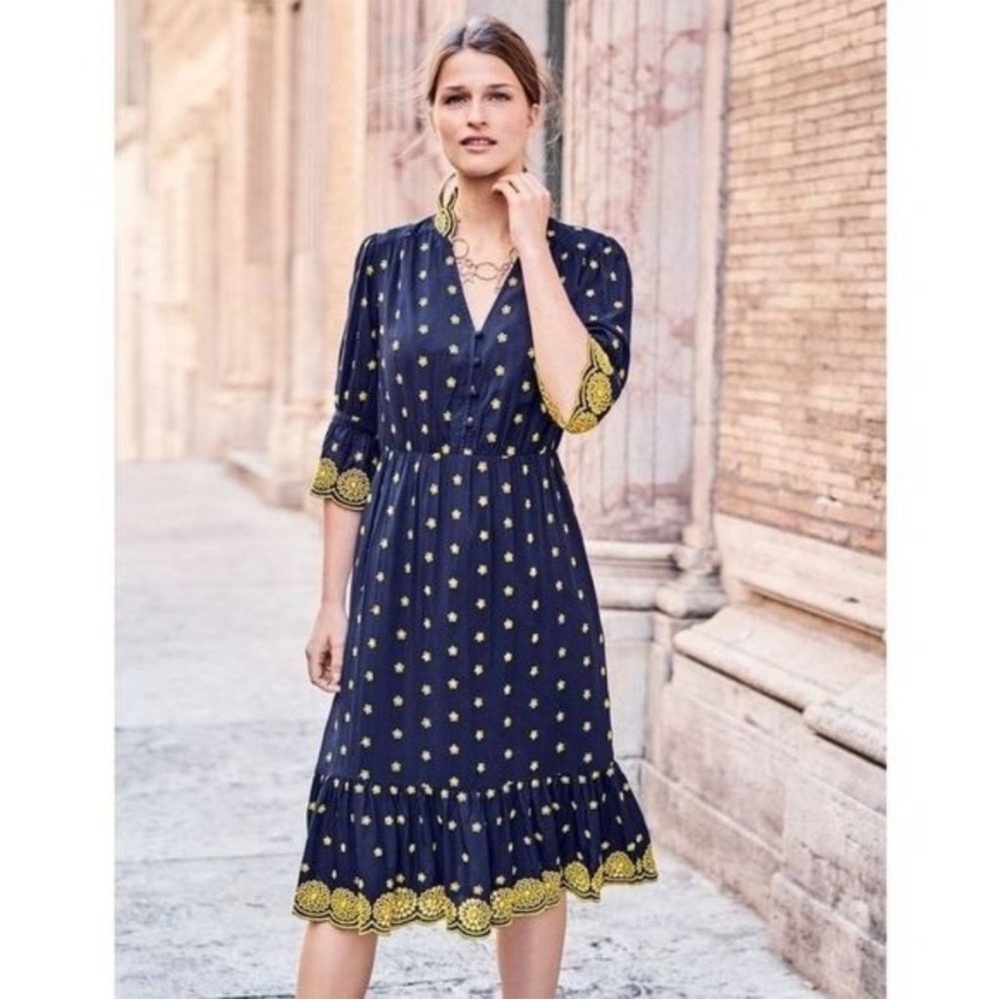Boden Bronwen Broderie Embroidered Midi Dress in Navy and Yellow Sz 12